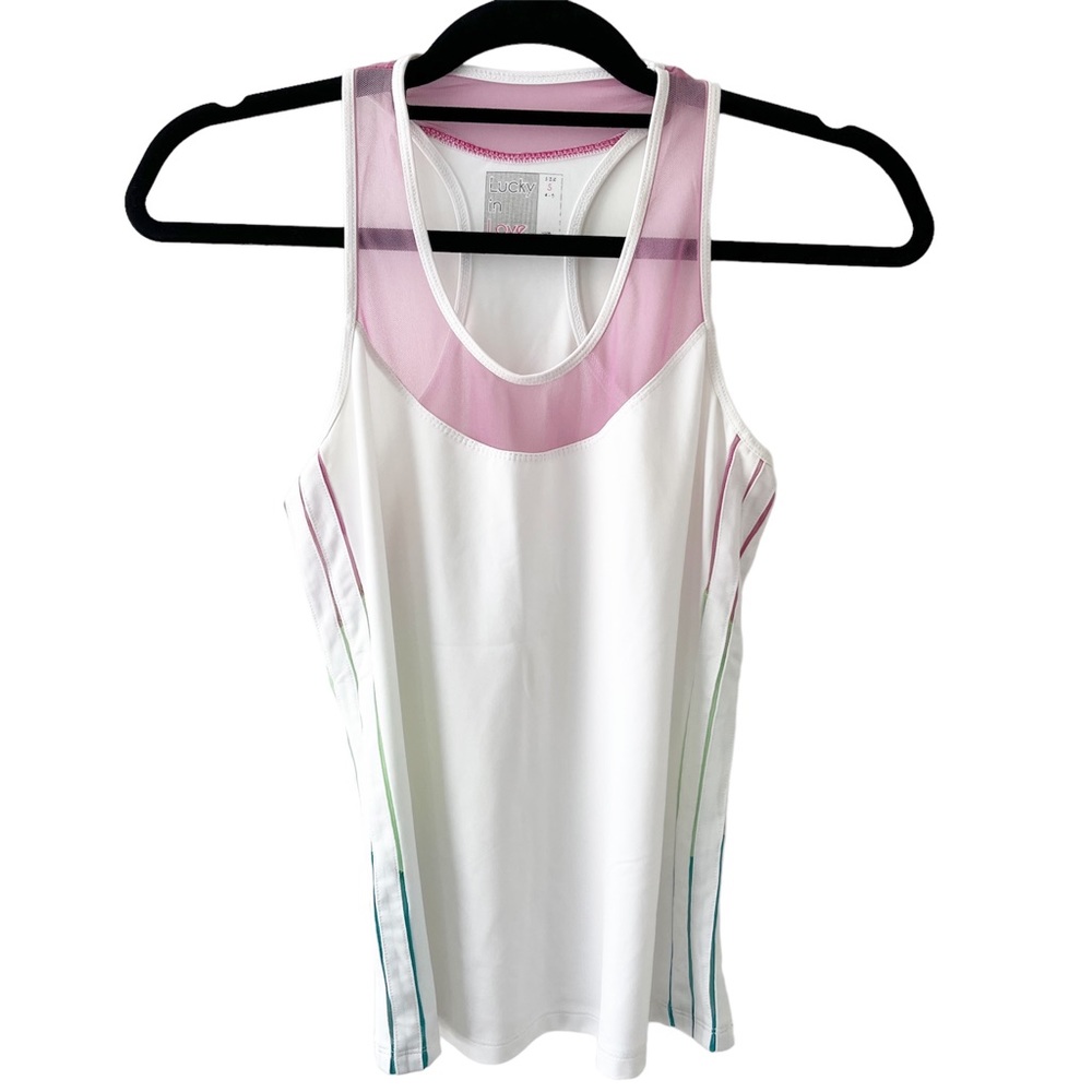 LUCKY IN LOVE White Athletic Tank Top Women’s S Multicolored Mesh Features